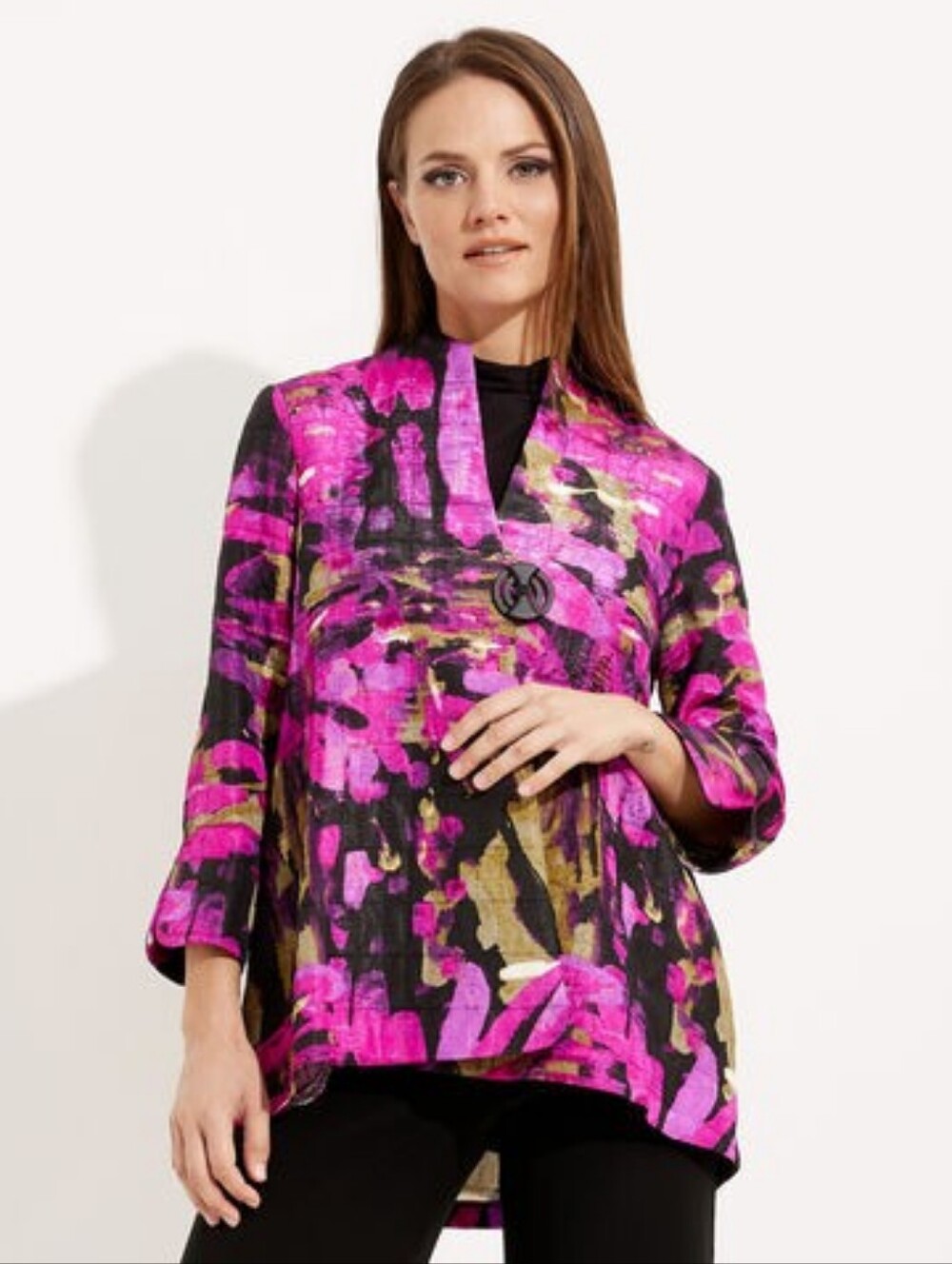 Joseph Ribkoff Jacquard Floral Abstract Trapeze Jacket Blazer Black Multi 8